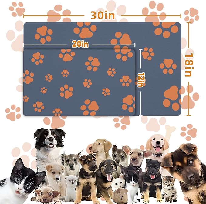 18"×30" Dog Food Mat-Absorbent Dog Mat for Food and Water, No Stains Quick Dry Cat Food Bowl Mat with Footprints for Messy Drinkers,Blue