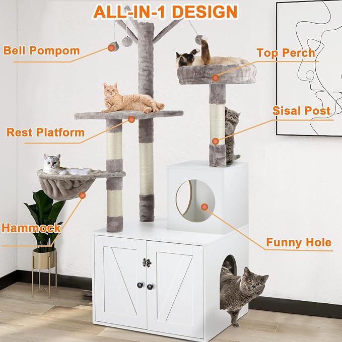 Timberer Litter Box Enclosure with Cat Tree, 2-in-1 Hidden Litter Box Furniture with Scratching Post, Modern Cat Condo, White