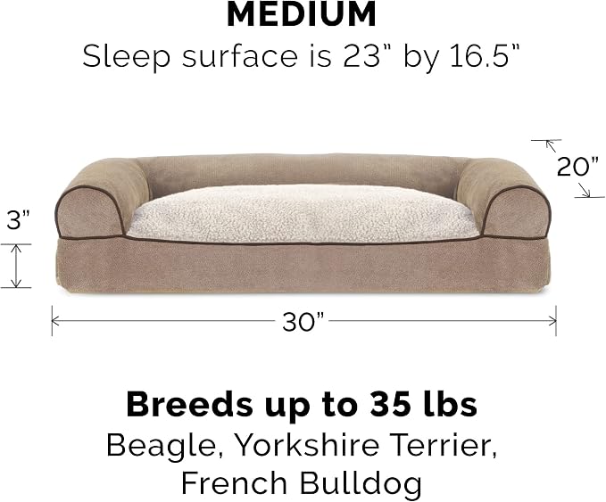 Furhaven Pillow Dog Bed for Medium/Small Dogs w/ Removable Bolsters & Washable Cover - Sherpa & Chenille Sofa - Cream, Medium