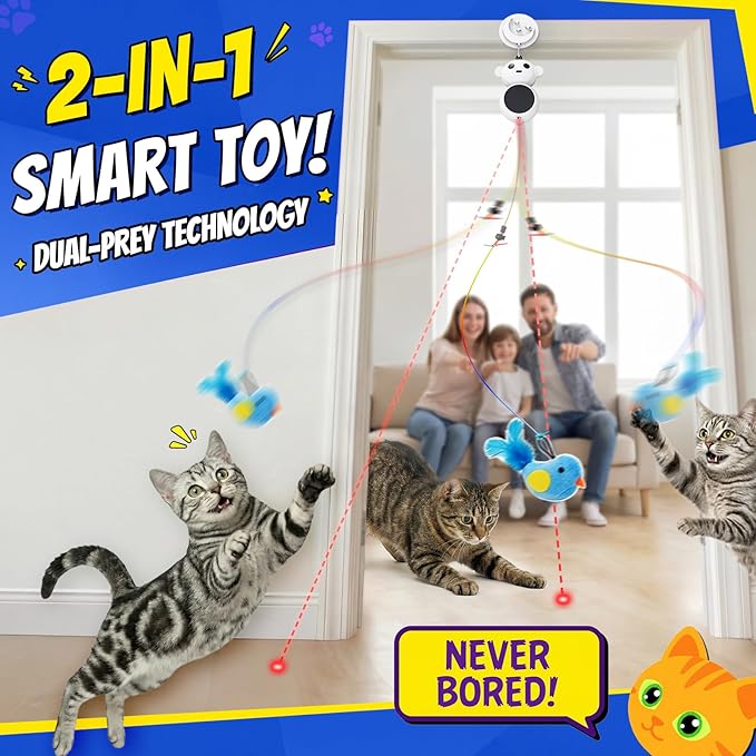 Interactive Cat Toys for Indoor Cats - 2 in 1 Automatic Cat Toy with Flying Bird，Smart Moving Wand Toy with 2 Modes, Doorway Hanging Toys Safe for Bored Kitten & Adult Cats