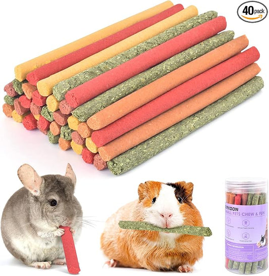 ERKOON 40Pcs Rabbit Timothy Hay Sticks, Five Flavors：PurplePotato/TimothyHay/Pumpkin/Strawberry/Carrot，Suitable Guinea Pig, Hamste, Gerbil, Chinchilla Treats, Chew Toys for Teeth for Bunnies