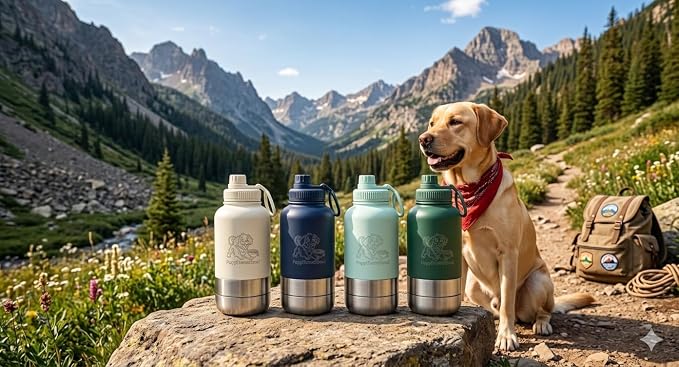 PuppiLovePets PuppiTravelBowl 3-in-1 Dog Travel Water Bottle – 32oz Insulated Aluminum Container with 2 Detachable Cups, Leak-Proof & BPA-Free Portable Feeder for Hiking and Travel – Green