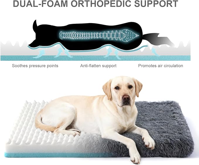 Orthopedic Dog Bed for Medium Dogs, Dual-Layer Memory & Egg-Crate Foam, Washable Warm Winter Plush Cover, Waterproof Liner, Non-Slip Bottom, Crate/Kennel Pad, 35 x 22 Inch, Dark Gray