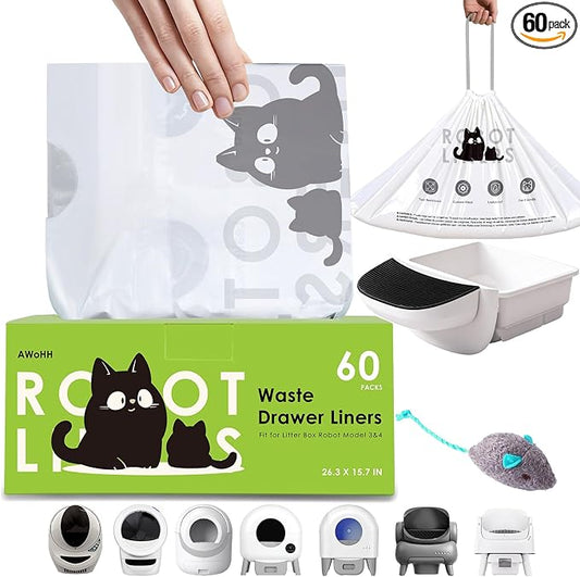 60 Tidy Draw-Pack Cat Litter Box Robot Model 5/4/3 Waste Bags,Tear-free, Sensor-compatible, Automatic Litter Box Bags, Thick Heavy Duty Cat Litter Box Liner Bags 26.3 X15.7 IN