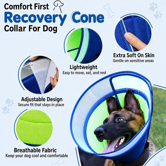 Soft Dog Cone Collar After Surgery – Adjustable Recovery Cone for Medium & Large Dogs – Double-Layer Protective Elizabethan Collar for Wound Protection & Licking Prevention – Comfortable - Blue