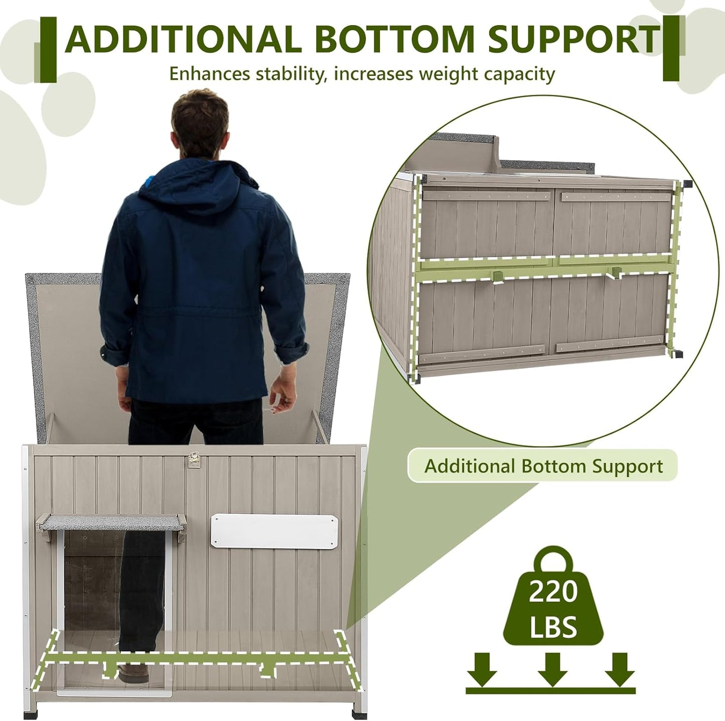 Large Dog House Outdoor XL Wooden Dog House with Weatherproof Asphalt Roof, Chew-Resistant Frame, Removable Floor, for Medium to Large Dogs Indoor Outdoor Use (Grey, 43.3"L x 29.5"W x 33.5"H)