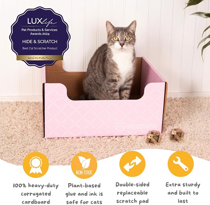 2X Hide & Scratch Cat Scratcher Boxes Plus 2 Scratch Pad Refills