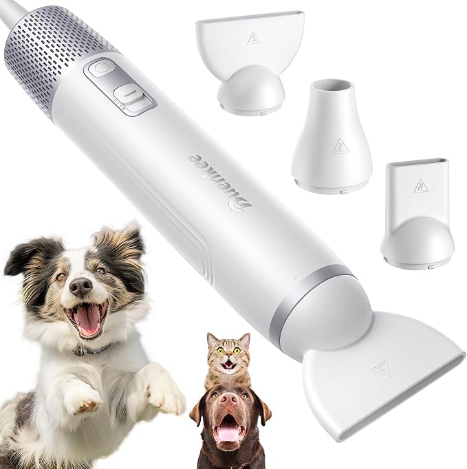 Buenkee Dog Dryer Handheld Pet Hair Dryer, 3HP High-Velocity Blower with 3 Speeds & 4 Temps Lightweight, Quiet Design. Portable Blow for Travel & Home Grooming. Includes 3 Nozzles (White)