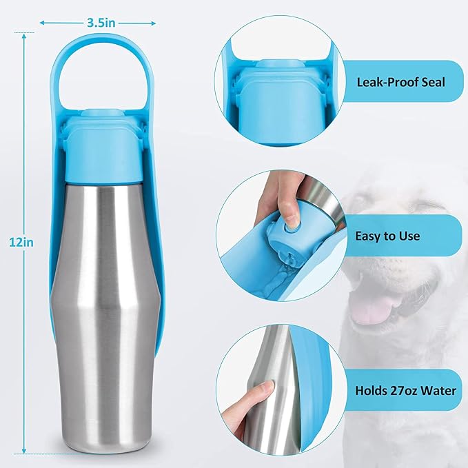 Dog Water Bottle, 27oz(750ml) Large Portable Dog Water Bottle, Dog Travel Water Bottle, Dog Water Bottle Dispenser, Stainless Steel Pet Travel Cup Outdoor Dog Water Bowl Bottle (Light Green)