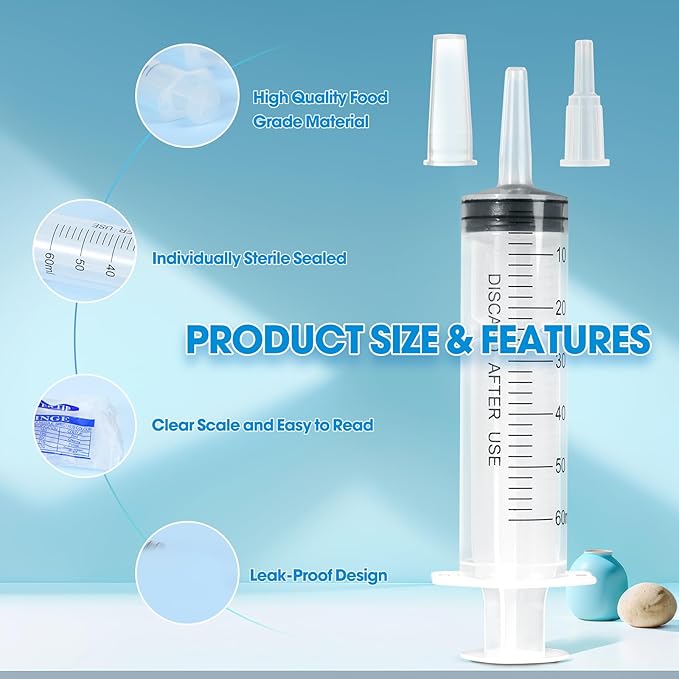 60ml Syringe for Liquid,20 Pack Large Plastic Syringes with Adapters and Cap,Individually Sealed Syringe for Feeding,Irrigation Water and Scientific Labs