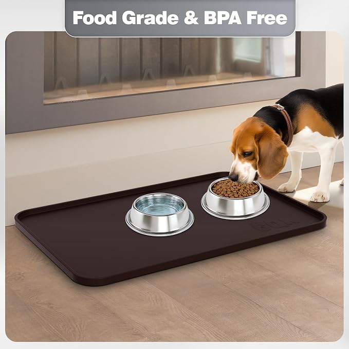 Silicone Dog & Cat Food Mat with Raised Edge, 24"x16" Extra Thick Waterproof Non-Slip Pet Feeding for Food and Water Bowls, Spill Proof Mat to Protect Floors, BPA Free Dishwasher-Safe,Brown