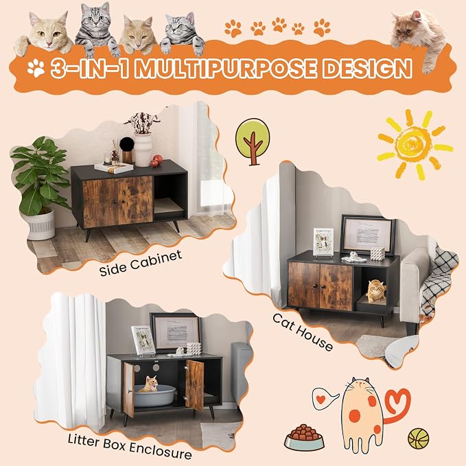 Giantex Cat Litter Box Enclosure, Hidden Cat Washroom Furniture, 2-Door Cabinet, Front Entry, 3 Vent Holes, Cat Scratching Pad, Wooden Pet House Crate End Table for Living Room (Black & Rustic Brown)