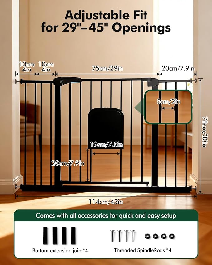 Pet Gate with Adjustable Cat Door, 31–46 Inch Pressure Mounted Dog Gate for Doorways, Stairs and Hallways, Auto Close Walk Through Metal Gate, No Drilling, Black