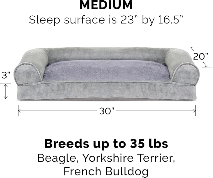 Furhaven Pillow Dog Bed for Medium/Small Dogs w/ Removable Bolsters & Washable Cover - Faux Fur & Velvet Sofa - Smoke Gray, Medium