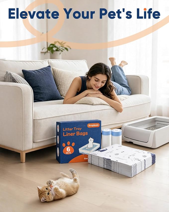 6 Pack Litter Box Liners Compatible with Safe Pets Scoopfree Cat Litter Box Tray Refill, Large Cat Waste Poop Bags with Anti-scratch Cardboard and Drawstring Heavy Tear-resistant- 37" x 16"