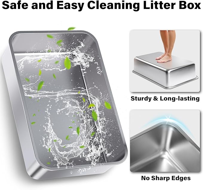 Stainless Steel Litter Box with Lid, XL Metal Litter Box, Anti-Urine Leakage Cat Litter Boxes Extra Large for Big/Multiple Cats, Never Absorbs Odors, Non-Stick, Includes Scooper and Mat