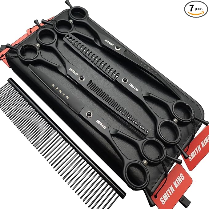 7.0 inches Professional Dog Grooming Scissors Set Straight & thinning & Curved & Chunkers 4pcs/3pcs in 1 Set (with Comb) Right-handed or Left-handed for Dog & Cats (Left-handed 4pcs with comb)