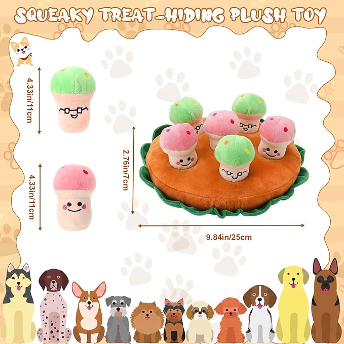Skylety 7 Pcs Interactive Dog Toys Set, Snuffle Mat for Dogs, Treat Hiding Puzzle and Squeaky Plush, Mushroom Dog Toys for Small Medium Dogs, Training and Boredom Relief Plaything