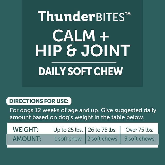 ThunderBites Calm + Hip & Joint Daily Supplement for Dogs, Soft Chews, Supports Joint Health Plus Calming from Daily stressors, Includes Glucosamine, Omega 3s, MSM, Melatonin, Ashwaganda, 90 Count