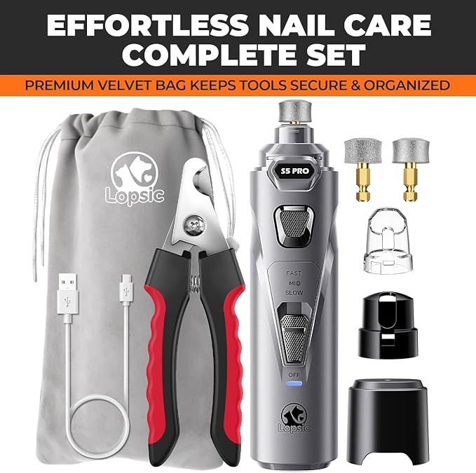 Whisper Quiet Dog Nail Grinder with 4 LED Lights, Safe & Stress-Free for Sensitive Dogs Cats of All Breeds & Sizes, 3 Grinding Bits, 3-Speed, Pet Nail Trimmers, Rechargeable Painless Grooming Kit Grey