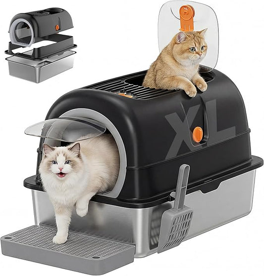 OLIXIS Stainless Steel Litter Box with Lid, Extra Large Enclosed Cat Litter Pan for Big Cats, High Sided Cat Box with Scoop & Mat, Front & Top Entry, Easy Cleaning, Black