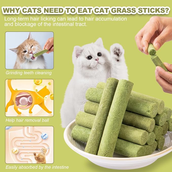 Dylan's cabin Cat Grass Teething Stick - Natural Freeze Dried Treats Edible Chew Cat Toy for Teeth Cleaning and Hairball Removal (80g)