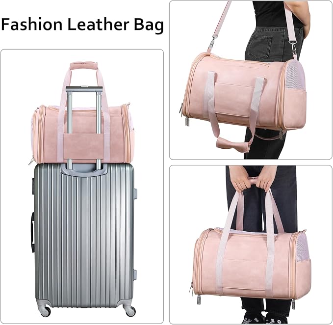 Lasaviin Fashion Leather Dog Carrier Cat Carrier Airline Approved Pet Carrier for Small Medium Dogs Cats Under 15Lbs, Collapsible Soft Sided Travel Puppy Carrier Pink