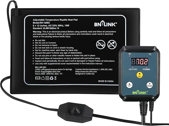 BN-LINK Reptile Heating Pad 8" X 12" with Adjust Knob and Thermostat Controller