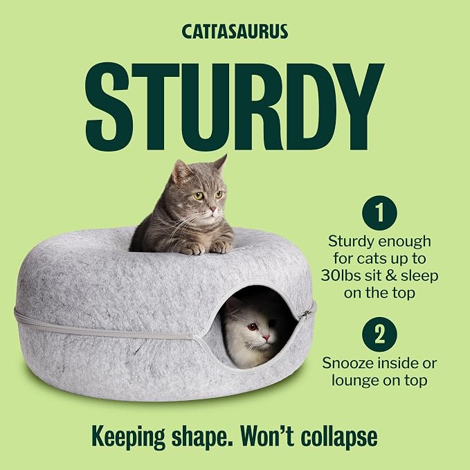 Cattasaurus Peekaboo Cat Cave Donut for Multiple & Large Cats up to 30-45 lbs, 3-in-1 Self Warming Cat Bed, Tunnel & Scratcher for Indoor Cats, Washable & Detachable (Light Gray + Light Gray, Large)
