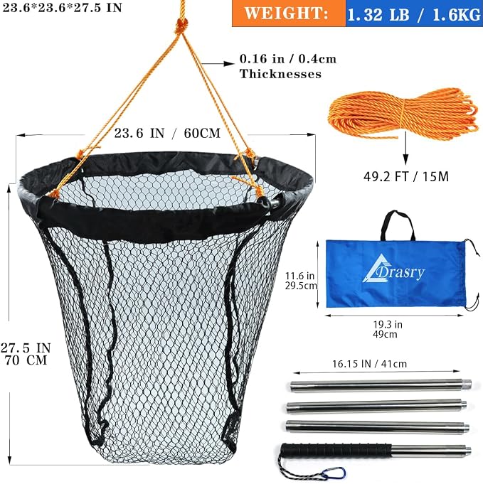 Drasry Large Collapsible Bridge Pier Fishing Net Landing Net with Rod, High Load Aluminum Ring Drop Net for Saltwater and Freshwater Pier Fishing Basket with 49.2 ft. Rope