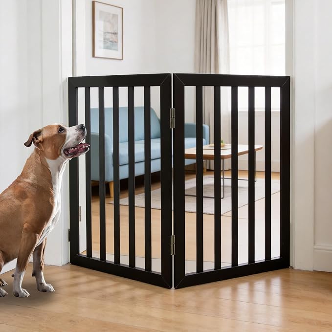 Dog Gate Indoor, Freestanding Dog Fence for The House, Doorways, Hallways,or Stairs,Pet Gate Foldable Wooden,Expandable 32" Height 2 Panels,Black