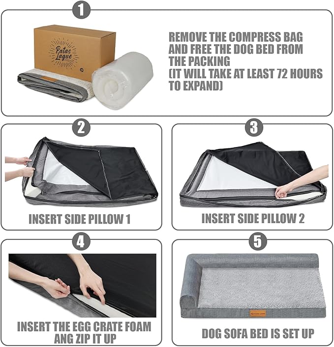 Patas Lague Orthopedic XL Dog Bed Large Sized Dog 48''X30'', Waterproof L Bolster Big Large Pet Sofa Beds with Removable Washable Cover, Soft Pet Couch Crate Mat with Nonskid Bottom, Purple