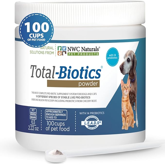 NWC Naturals Total-Biotics, Cat & Dog Probiotics for Digestive Health with Prebiotic, Unflavored Probiotic for Dogs & Cats, Supplement for Gut, Skin, Coat, Stomach Relief, 100 Servings, 2.22 Ounces