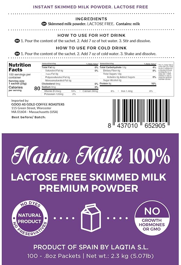 Instant Lactose Free Skim Milk Powder PACKETS by Laqtia, 100 PACKETS BULK Box, Makes an 8oz glass of fat free milk, Non GMO, Free of bST and rBGH, made using 100% European Dairy, product of Spain