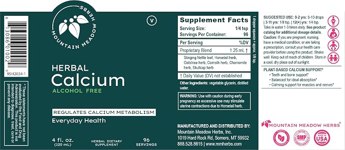 Mountain Meadow Herbs Herbal Calcium – Vegan Liquid Calcium Supplement for Bone & Teeth Support, High Absorption Plant-Based Formula for Adults & Kids - 2 oz