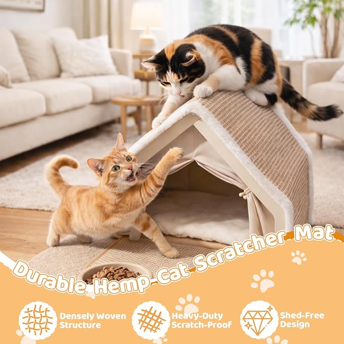 Cat Houses for Indoor Cats, 4-Season Universal Cat Bed with Natural Hemp Scratching Pad, Solid Wood Frame, Easy to Assemble, Floor-Scratching Carpet, Medium