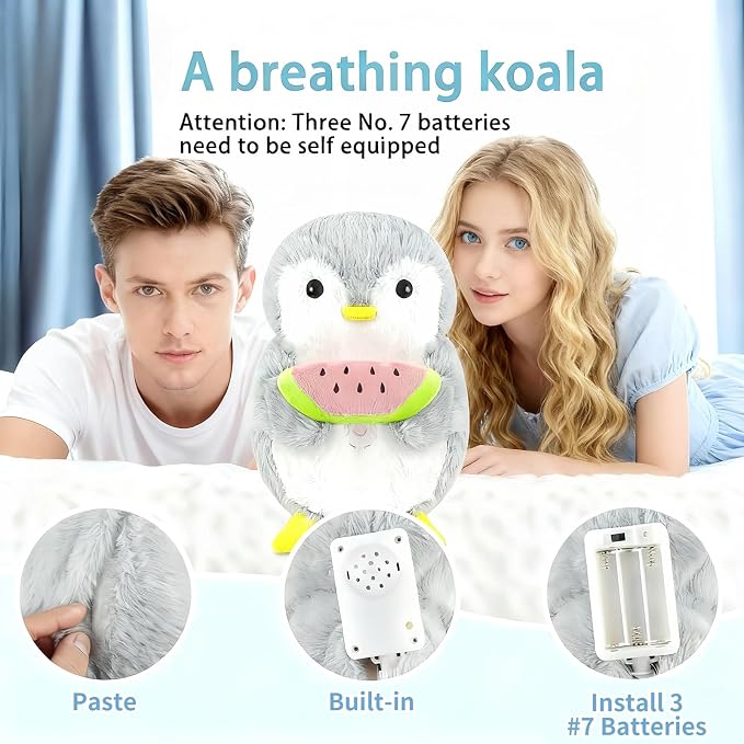 rytopt Breathing Stuffed Animal, Penguin Sloth, Simulated Breathing Sounds, 4 Gear Adjustment, Volume Control, with Music & Lights
