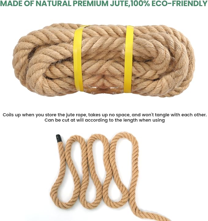 Jute Rope 1 in×25 ft Natural Material Heavy Duty Jute Rope Twisted for Indoor Outdoor Crafts, Nautical, Tug of War, Railing, Hammock, Swing, Gardening