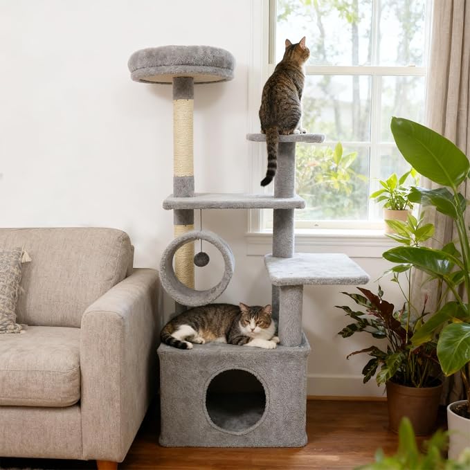 Tangkula Cat Tree Tower, 48 Inch Multi-Level Cat Tower with Large Condo, Sisal Scratching Post, Padded Top Perch, Tunnel, Hanging Ball, 3 Jumping Platforms for Indoor Cats (Light Gray)