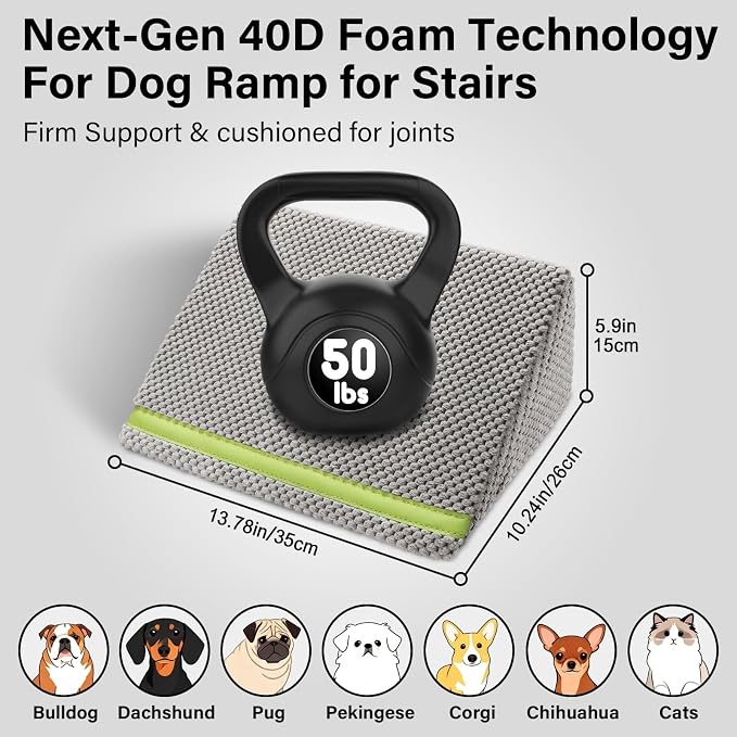 JoyBlooms Upgraded Dog Ramp for Stairs for Small & Senior Dogs Cats, 40D Density Foam Gentle 30° Slope Non-Slip Dog Stair Ramp with Glow Strip, Pet Ramp with Removable Washable Cover, Gray-6pcs