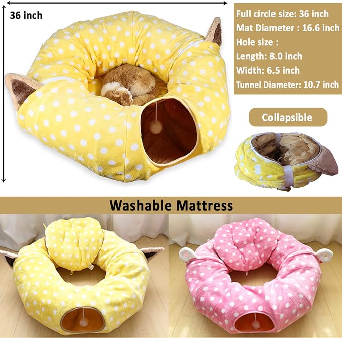 AUOON Cat Tunnel Bed for Indoor Cats - Large Cat Donut Tunnel with Hanging Ball Toy, Collapsible 2-in-1 Multifunctional Interactive Cat Toy for Kitten, Puppy, Rabbit, Ferret (Yellow)