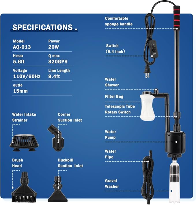 AQQA Electric Aquarium Vacuum Gravel Cleaner, 6 in 1 Automatic Fish Tank Vacuum Cleaning Tools Kit Water Changer, Multifunction Wash Sand Filter Water Circulation 20W 320GPH 110V