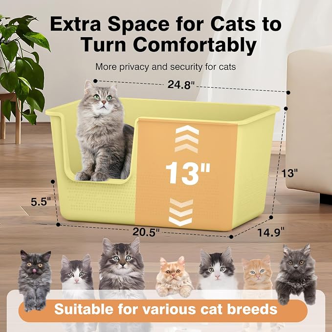 Cat Litter Box with High Sided,24.8" Lx14.9 Wx13.0 H,Extra Large Cat Litter Box for Big Cats,XL Jumbo Kitty Litter Box for Indoor Cats,Tool-Free Assembly (Yellow)