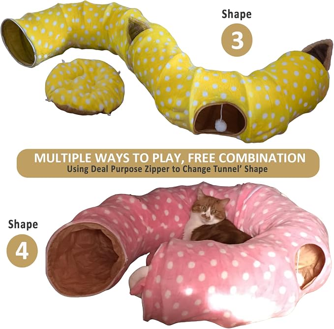 AUOON Cat Tunnel Bed for Indoor Cats - Large Cat Donut Tunnel with Hanging Ball Toy, Collapsible 2-in-1 Multifunctional Interactive Cat Toy for Kitten, Puppy, Rabbit, Ferret (Yellow)