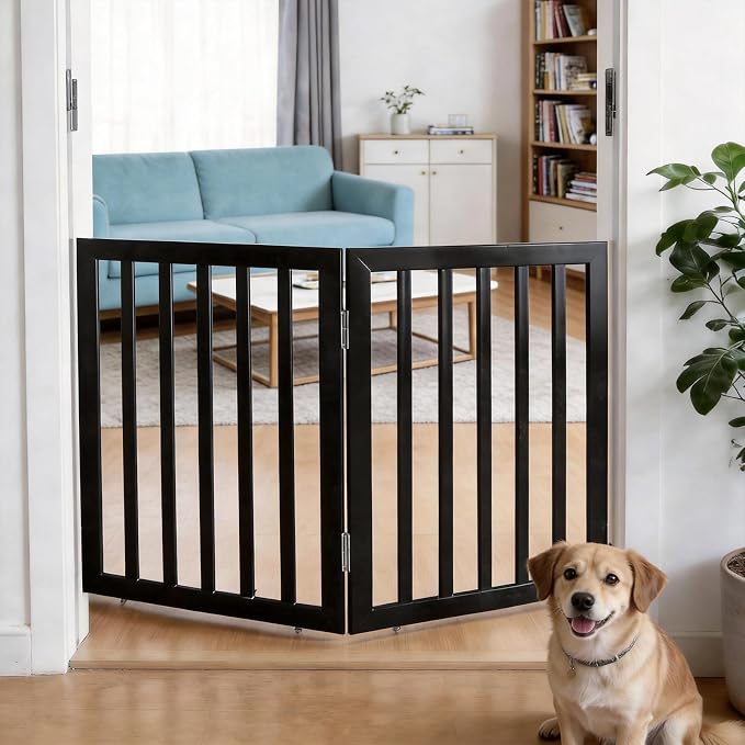 Dog Gate Indoor, Freestanding Dog Fence for The House, Doorways, Hallways,or Stairs,Pet Gate Foldable Wooden,Expandable 24" Height 2 Panels,Black