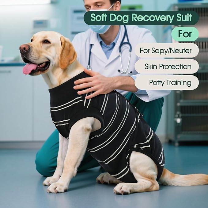 Kuoser Dog Surgery Recovery Suit, Soft Breathable Dog Recovery Suit for Female Spay Male Nueuter, Anti Licking Puppy Onesie Pet Surgical Suit for Dogs Abdominal Wounds Skin Disease, Black Strips XS