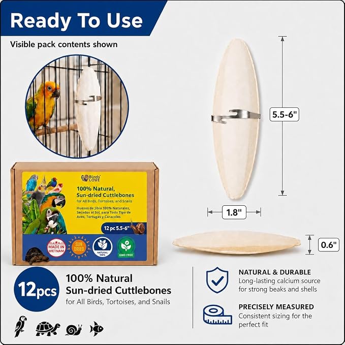 Birds LOVE 5.5-6″ Cuttlebone for Birds – 100% Natural Sun-Dried Calcium & Beak Conditioning Supplement for Parakeets, Budgies, Cockatiels, Finches & Canaries – 12 Pack with Holder – Made in Vietnam