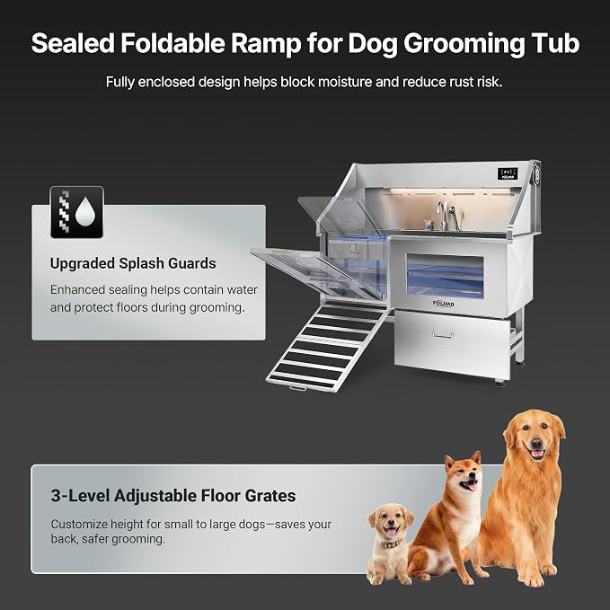 POLIMO Dog Washing Station with Built-in Pet Dryer and LED Display 61" (Left Ramp), 304 Stainless Steel Dog Bathtub for Large Medium Small Dogs, Wash and Dry Grooming Tub with Faucet, Storage Drawer