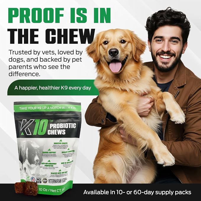 K10 Probiotic Chews for Dogs (60ct) – Advanced Digestive Support with Probiotics, Prebiotics & Superfoods – Vet-Preferred Dog Supplement for Digestion, Immunity, Skin, Coat & Everyday Vitality