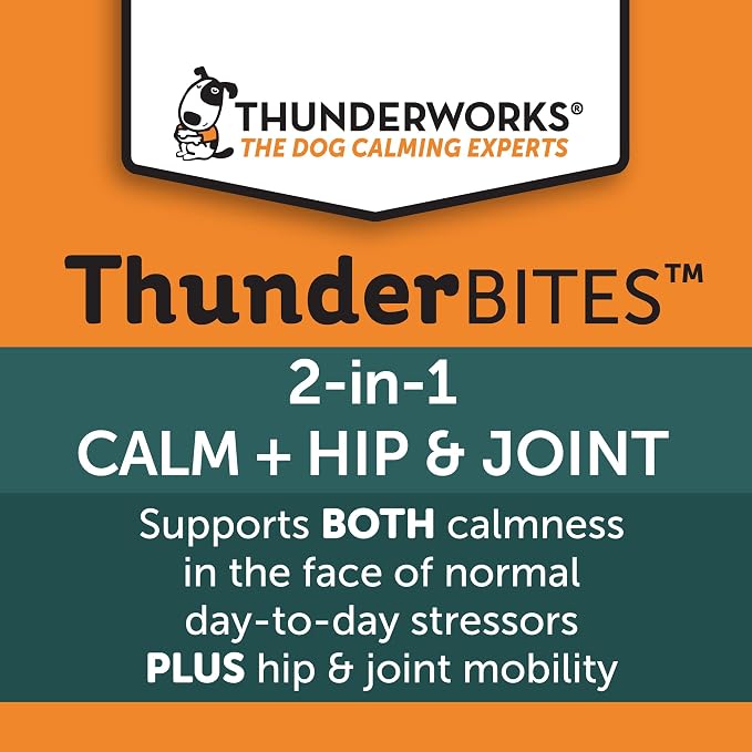 ThunderBites Calm + Hip & Joint Daily Supplement for Dogs, Soft Chews, Supports Joint Health Plus Calming from Daily stressors, Includes Glucosamine, Omega 3s, MSM, Melatonin, Ashwaganda, 90 Count